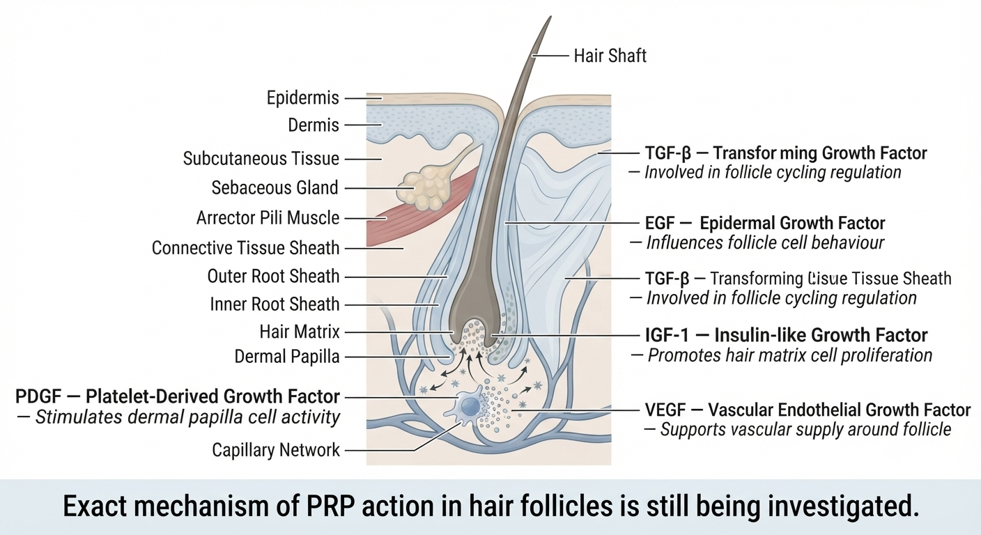 Diagram of platelet growth factors and their proposed effects on hair follicles