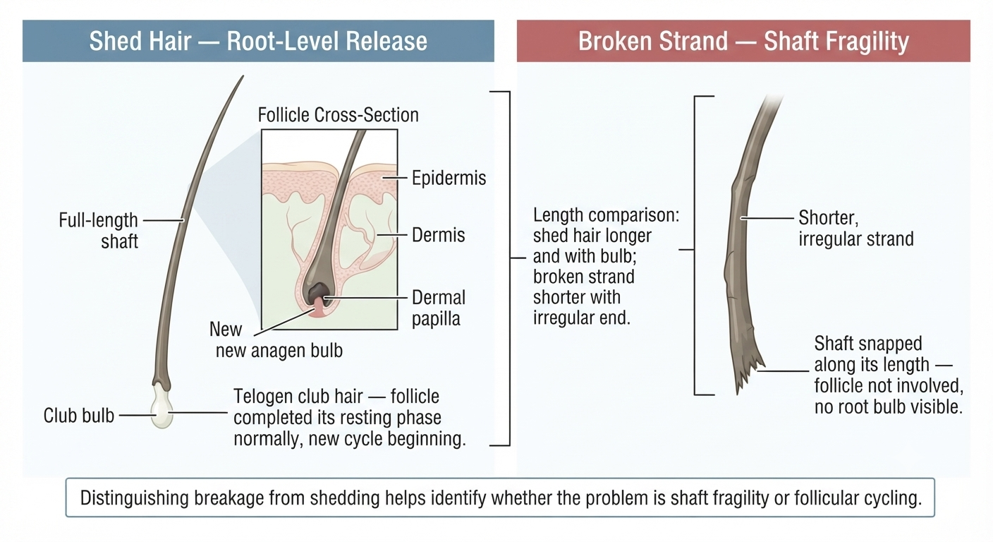 Diagram distinguishing shed hairs from broken strands in natural hair