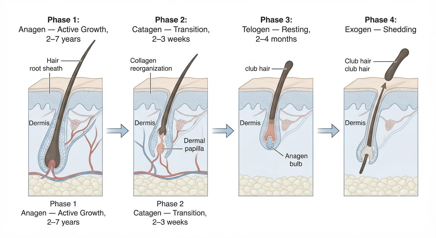 Full hair growth cycle diagram showing follicle states at each phase