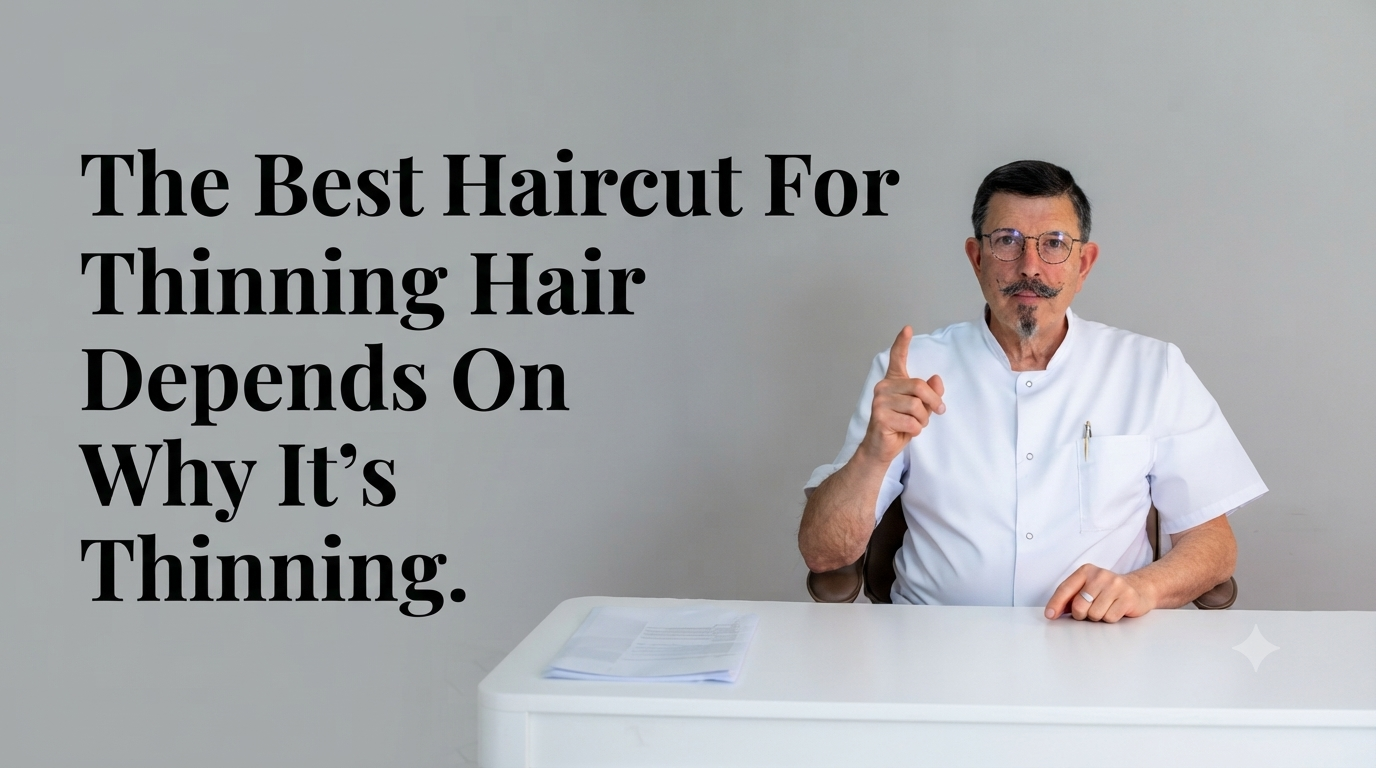 The best haircut for thinning hair depends on why it's thinning blog title on a clean background