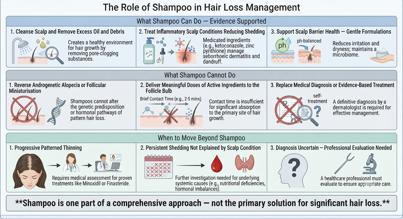 Summary diagram positioning shampoo within a broader hair loss management framework