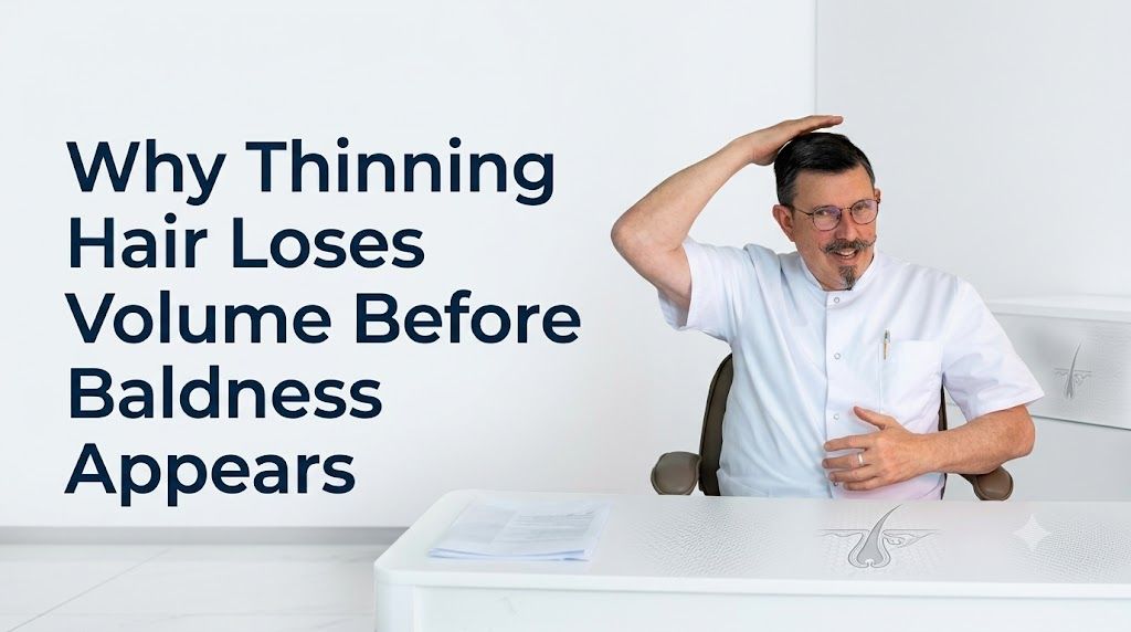 Why thinning hair loses volume before baldness appears blog title on a clean background