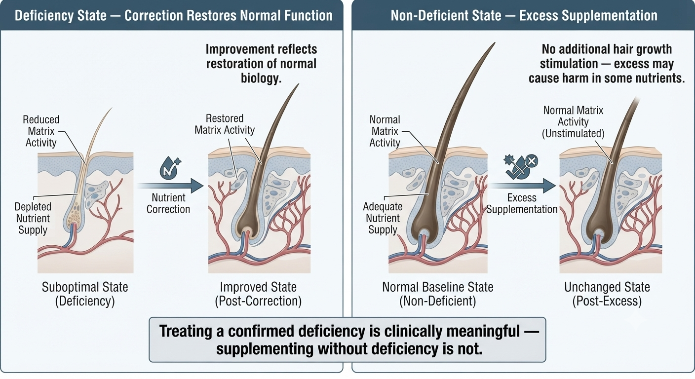 Diagram distinguishing deficiency correction from supplementation in non-deficient individuals