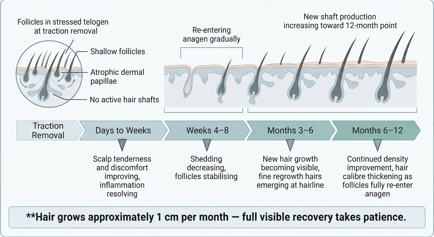Recovery timeline diagram after traction is removed in early-stage traction alopecia