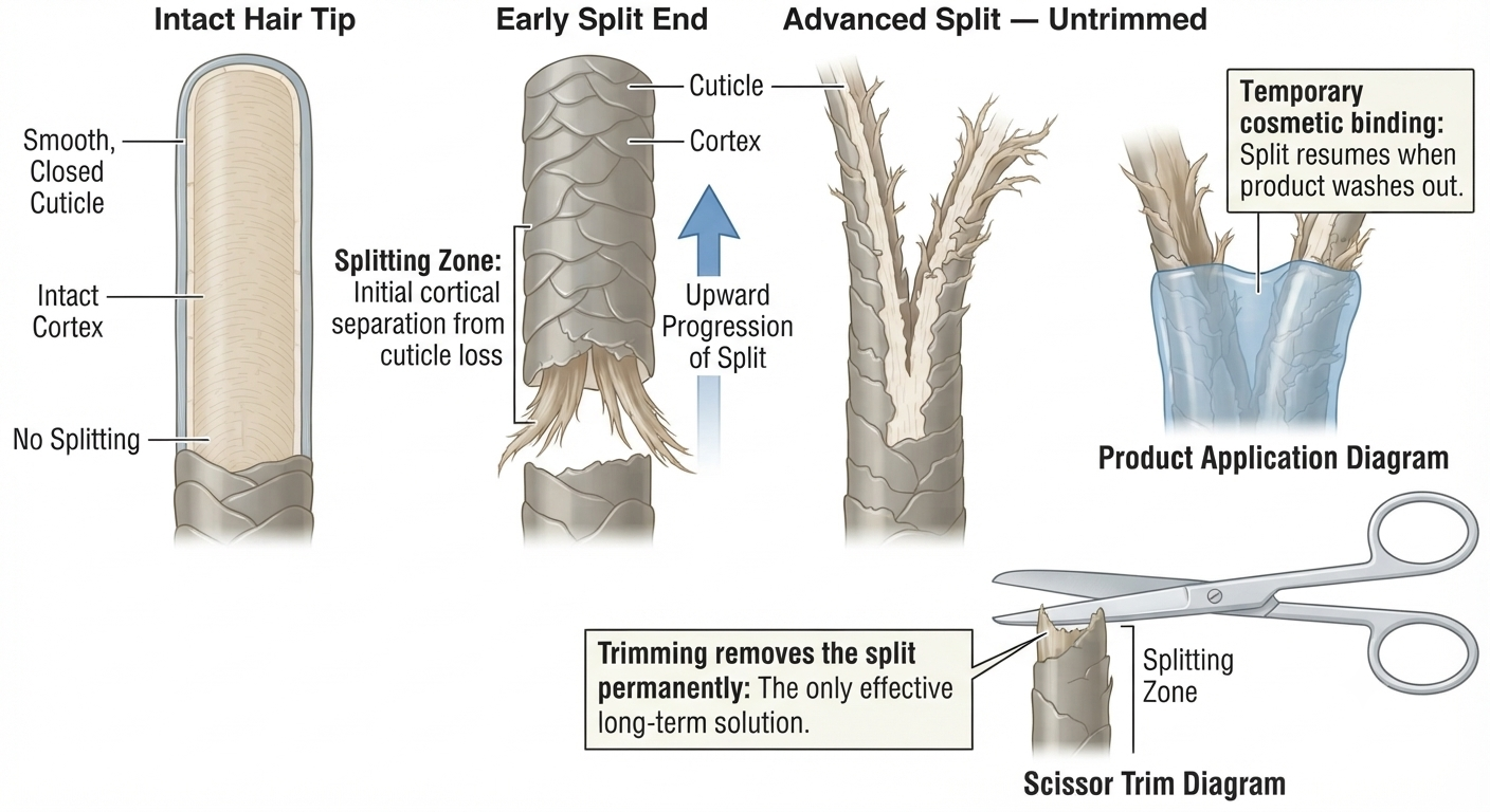 Diagram showing split end progression and why trimming is the only permanent solution
