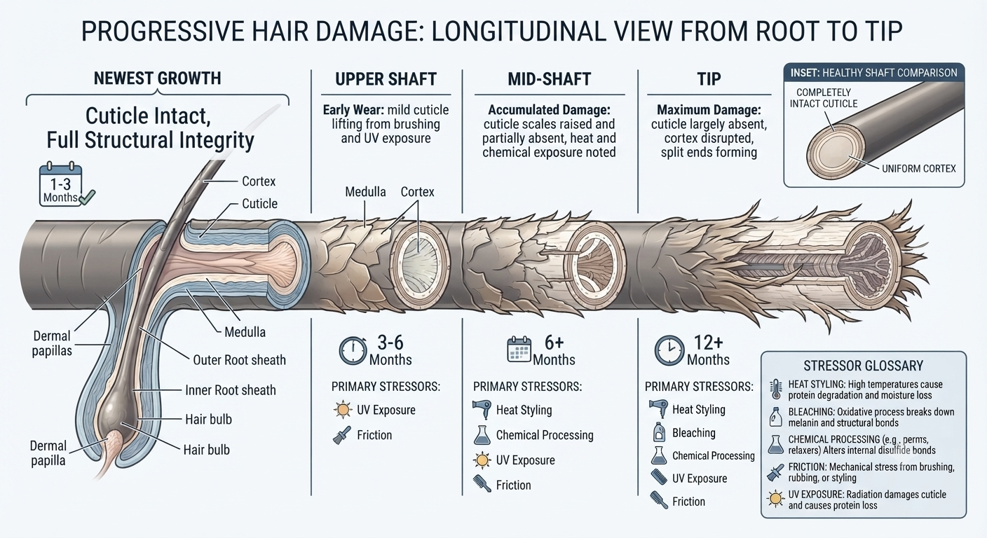 Diagram showing cumulative damage progression along the hair shaft from multiple stressors