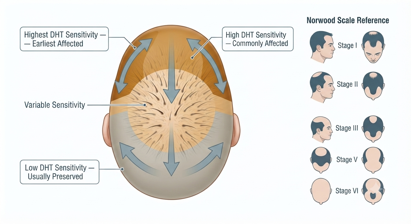 Scalp map showing regional DHT sensitivity and typical progression pattern