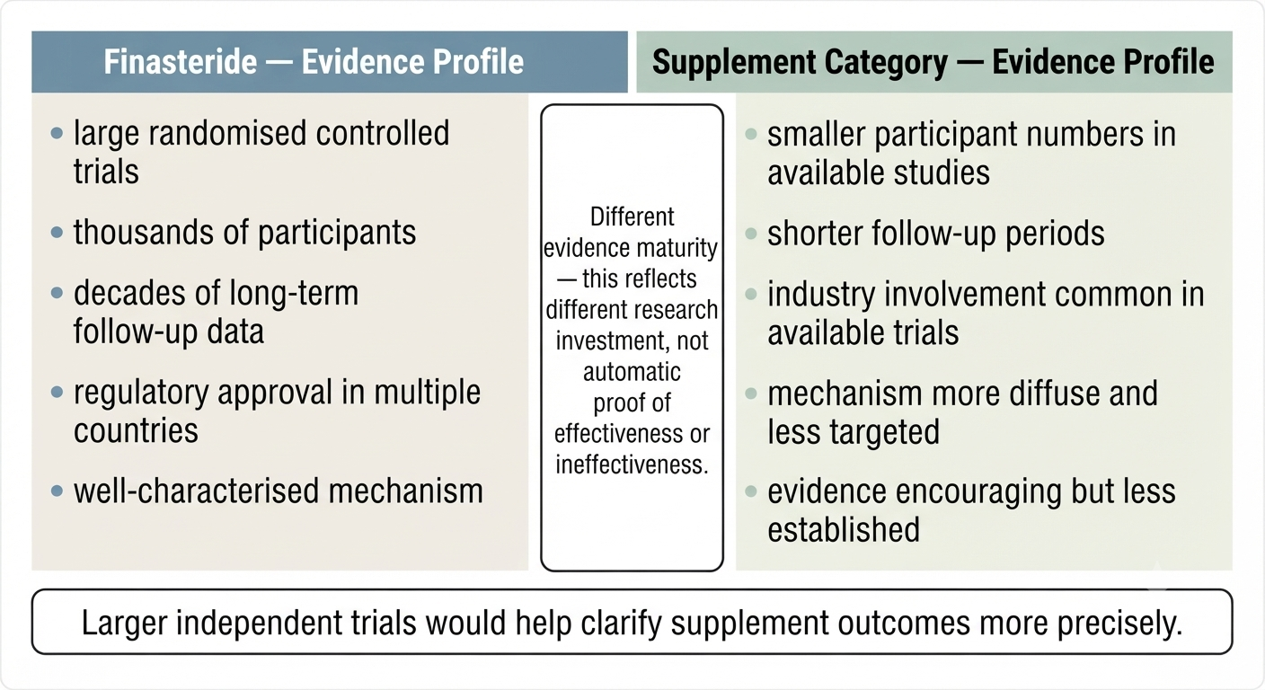Evidence quality comparison diagram between finasteride and supplement category