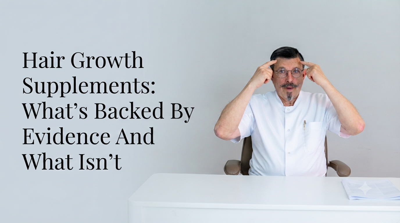 Hair growth supplements what's backed by evidence and what isn't blog title on a clean background