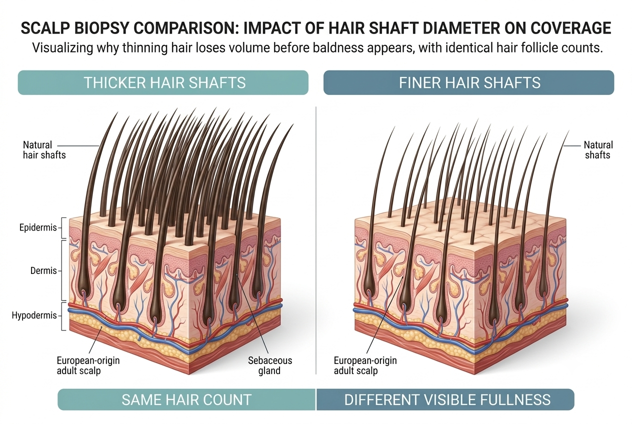 Two scalp sections show how the same number of hairs can produce different levels of fullness.