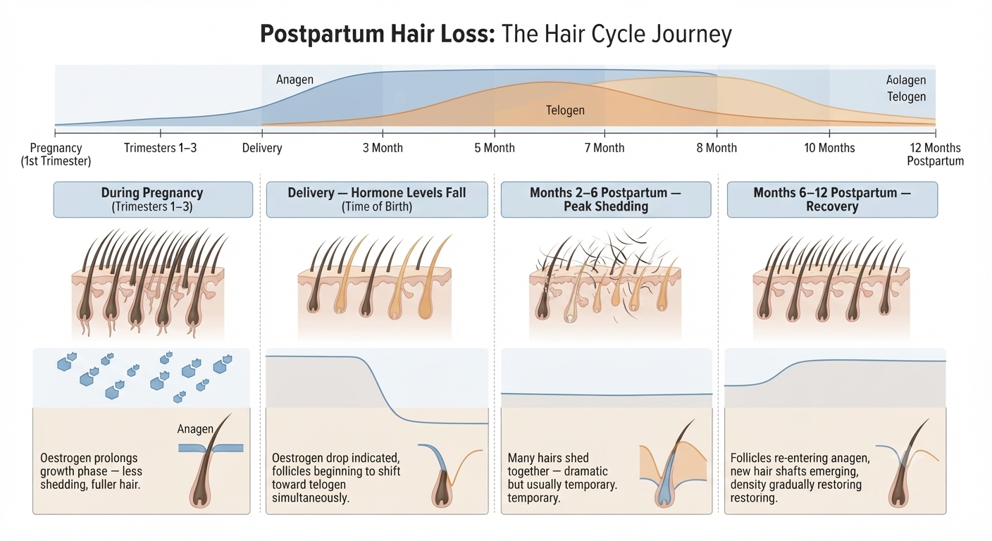 Timeline diagram showing the hormonal hair cycle shift from pregnancy through postpartum shedding to recovery