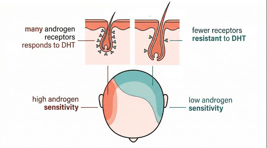 Image explaining how androgen sensitivity affects hair growth and results in recession