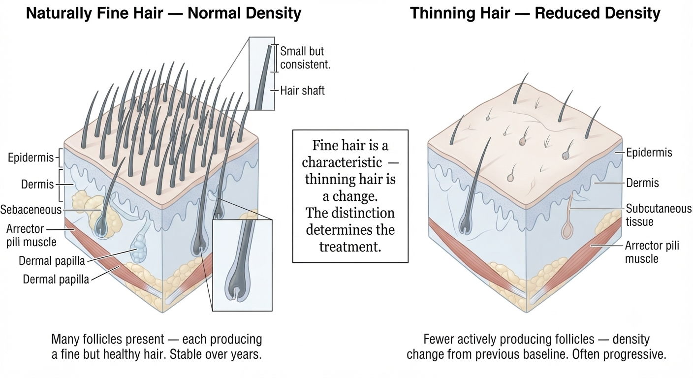 Diagram clearly separating fine hair from thinning hair at the follicle and scalp level