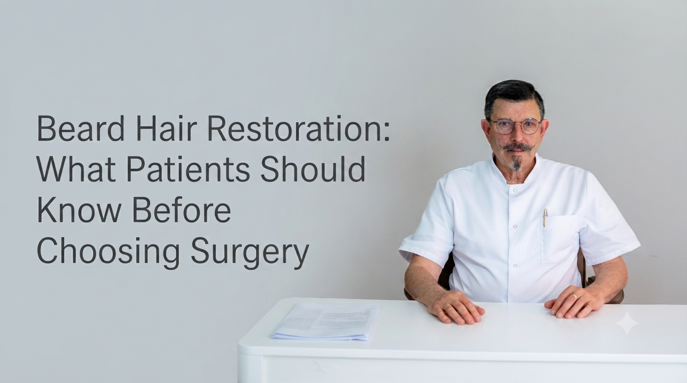 Beard hair restoration what patients should know before choosing surgery blog title on a clean background