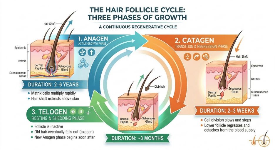 The hair follicle cycle: Three phases of growth