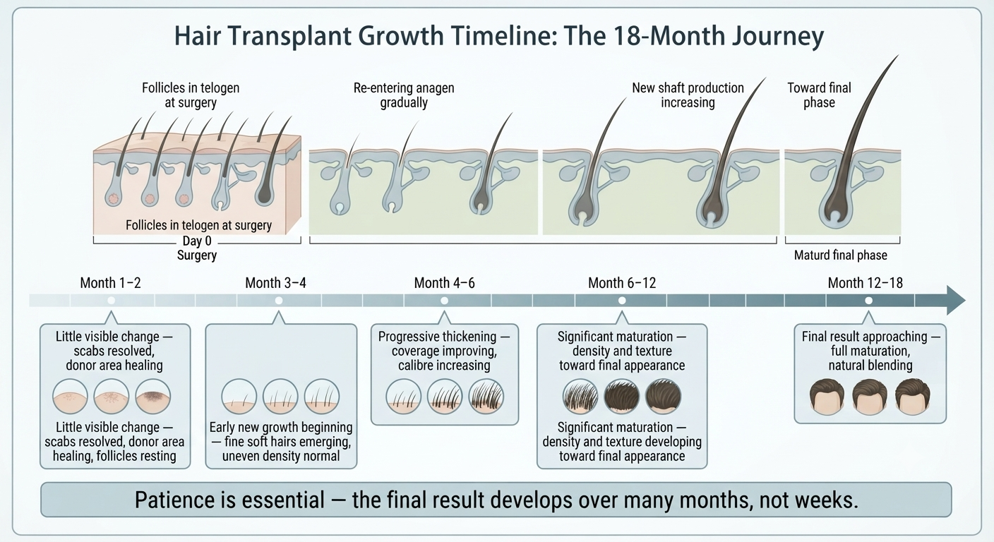 Month-by-month timeline of post-transplant hair growth milestones