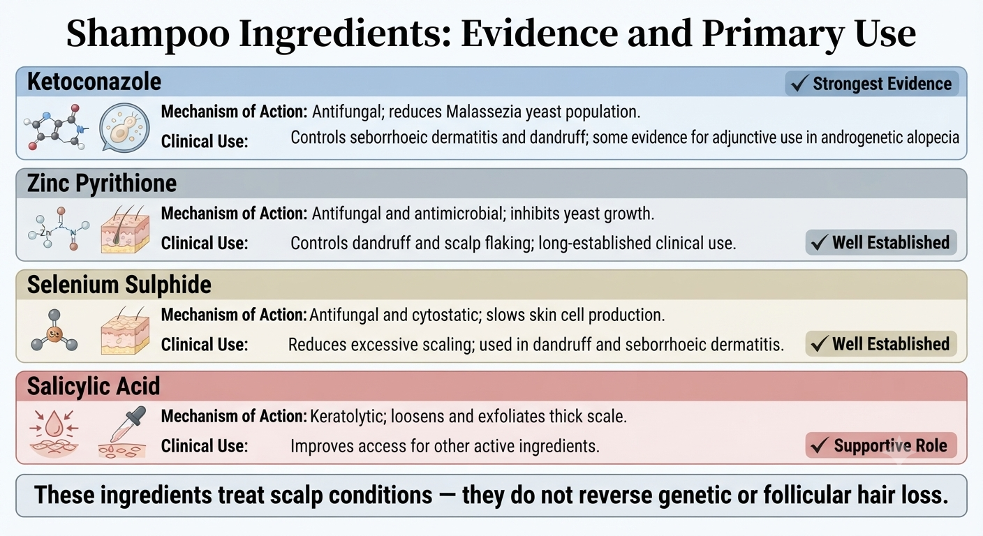Evidence-ranked diagram of medicated shampoo ingredients