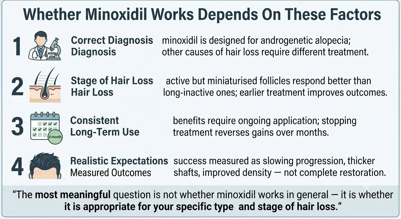 Summary diagram of the key factors that determine whether minoxidil works for an individual