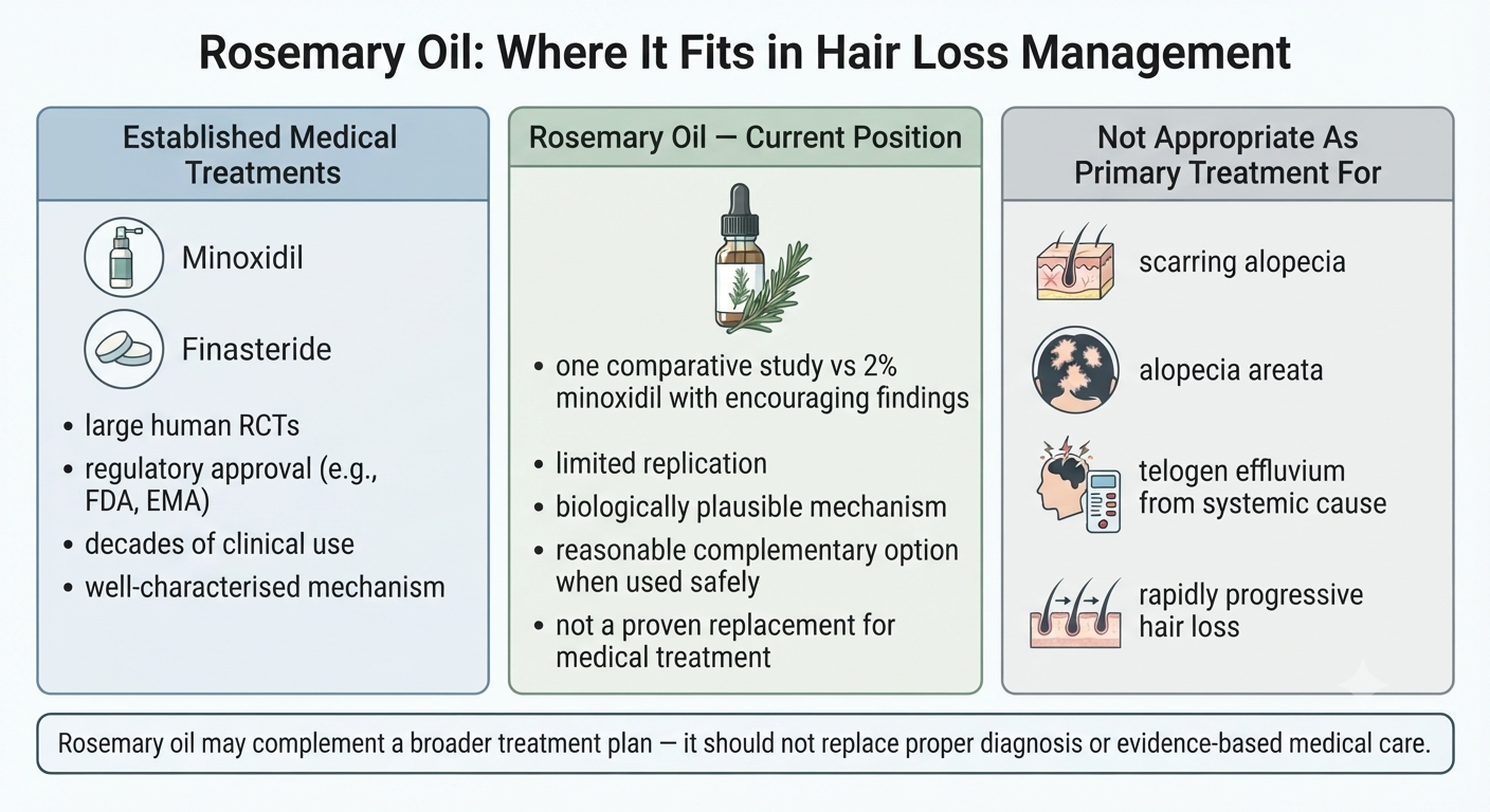 Summary evidence positioning diagram for rosemary oil relative to established treatments