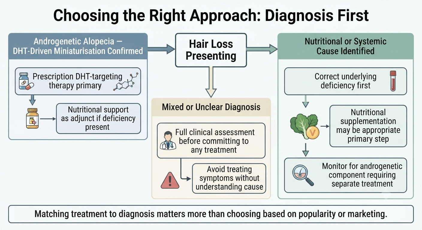 Summary diagram showing diagnosis-first decision framework