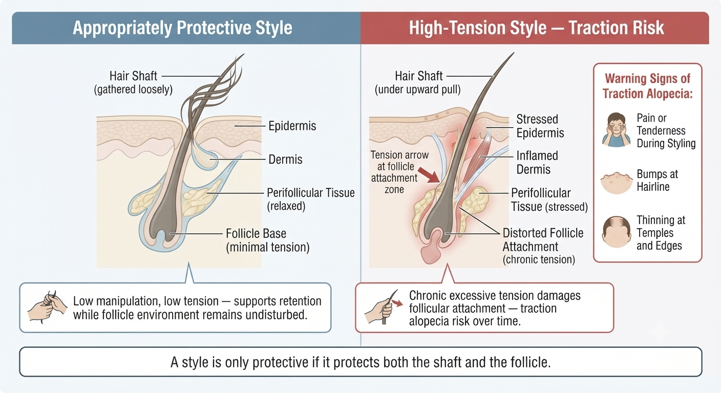 Diagram distinguishing genuinely protective styling from high-tension styles causing traction risk