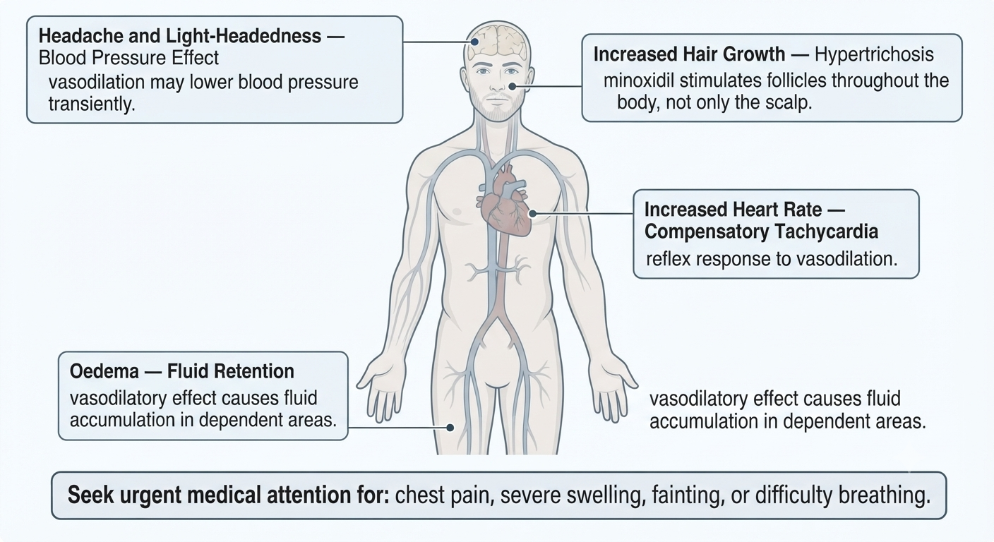 Diagram of oral minoxidil side effects mapped to their biological mechanism