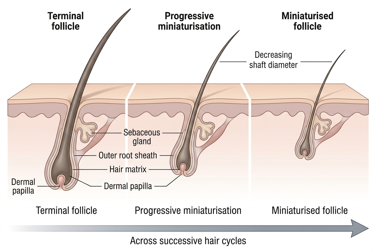 A labelled scalp cross-section explains how miniaturisation produces progressively finer hair.
