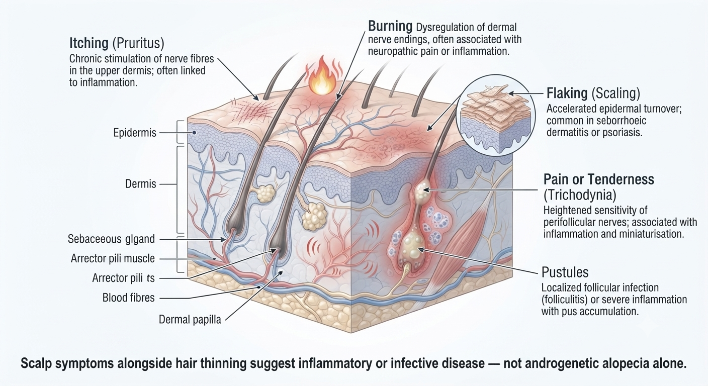 Diagram of scalp symptoms that indicate inflammatory or infective causes requiring specific treatment