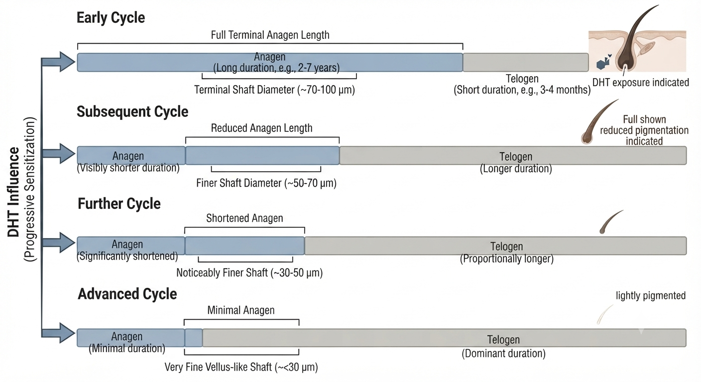 Diagram showing the sequential biological changes DHT causes in a susceptible follicle over successive cycles