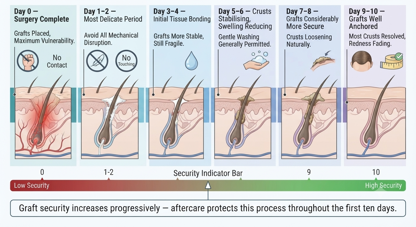 Graft security progression timeline from day 0 to day 10
