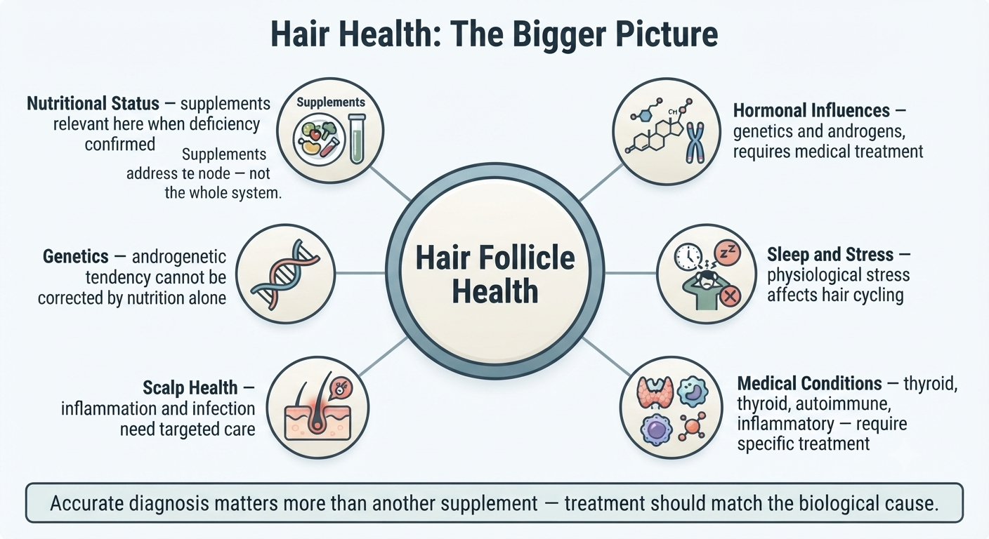 Summary diagram showing supplements as one component of a broader hair health framework