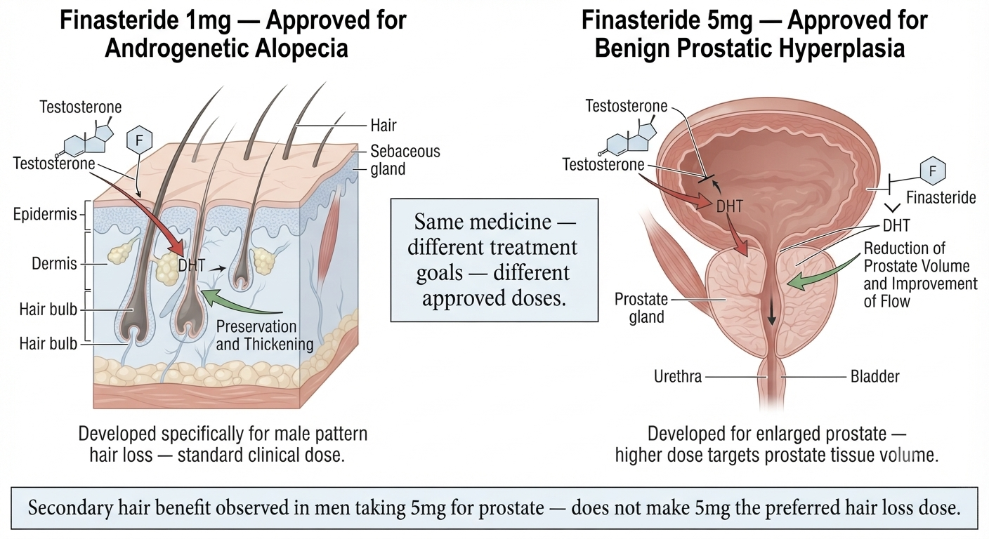 Diagram showing the two approved uses of finasteride at different doses