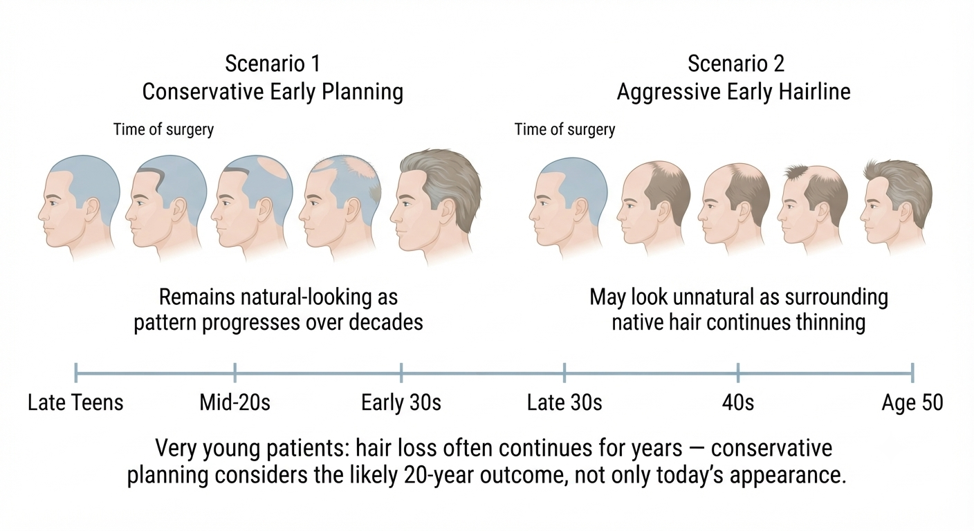 Diagram showing the planning challenge in young patients with early onset hair loss