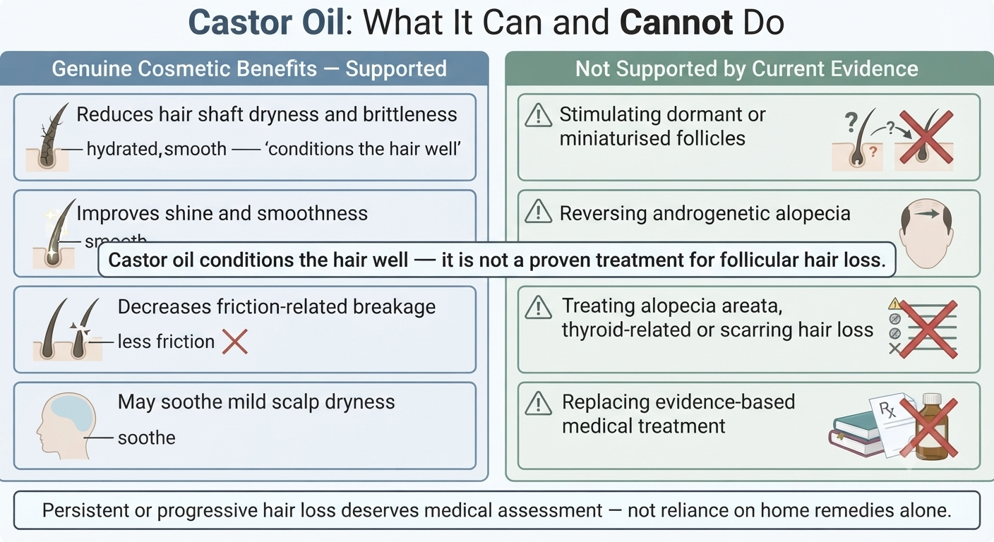 Summary diagram separating cosmetic hair care benefit from medical hair loss treatment