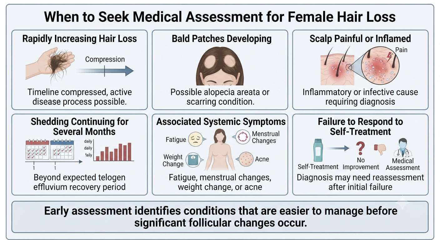 Structured warning signs panel for female hair loss requiring professional assessment