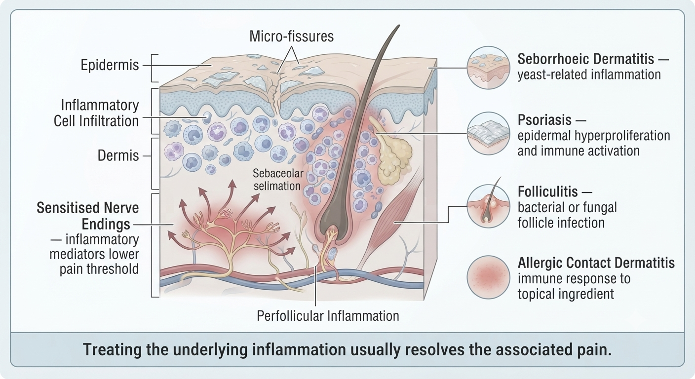 Diagram showing how scalp inflammation sensitises nerve endings to cause pain