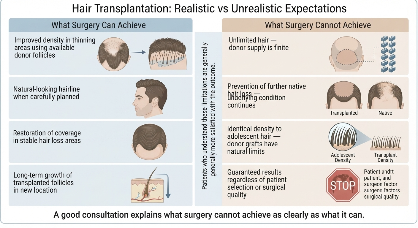 Structured diagram of what hair transplantation can and cannot achieve
