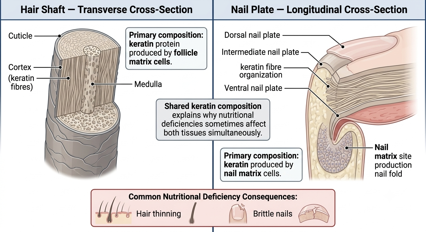 Diagram showing shared keratin structure between hair shaft and nail plate