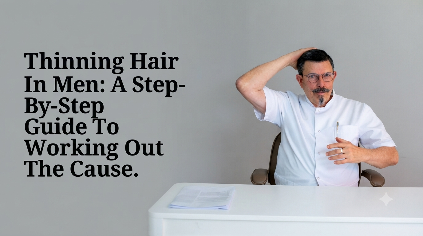 Thinning hair in men a step-by-step guide to working out the cause blog title on a clean background