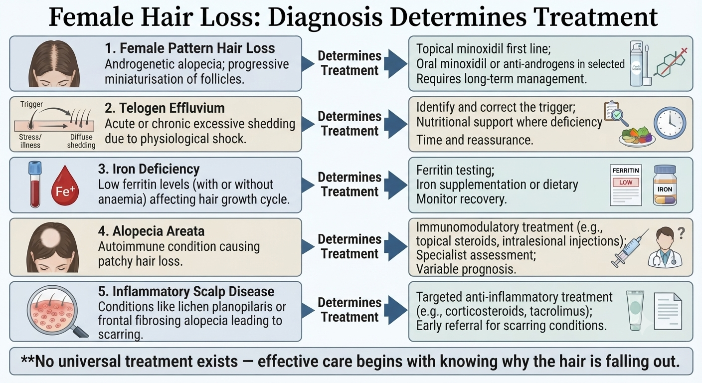 Summary diagnosis-to-treatment pathway for the main causes of female hair loss
