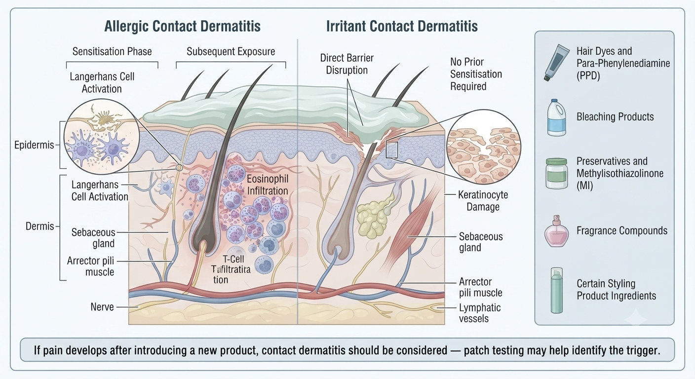Diagram of contact dermatitis mechanism from scalp product ingredients