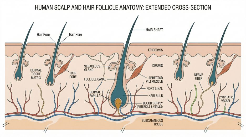 Human scalp and hair follicle anatomy: cross section