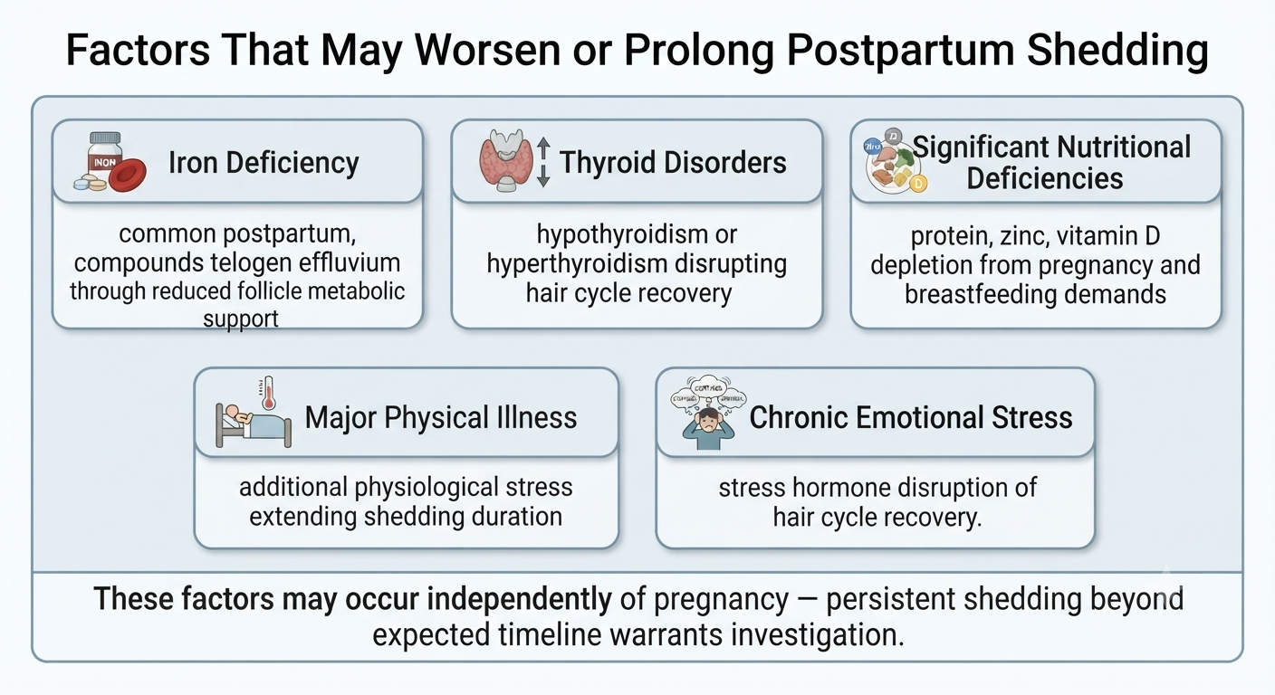 Diagram of additional factors that may prolong or worsen postpartum shedding