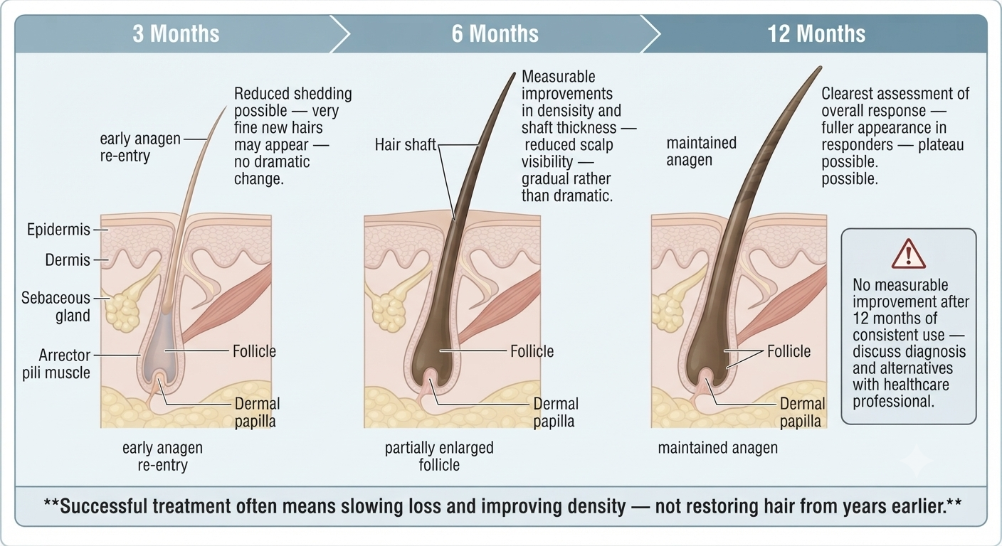 Summary timeline of realistic minoxidil progress milestones at 3, 6, and 12 months