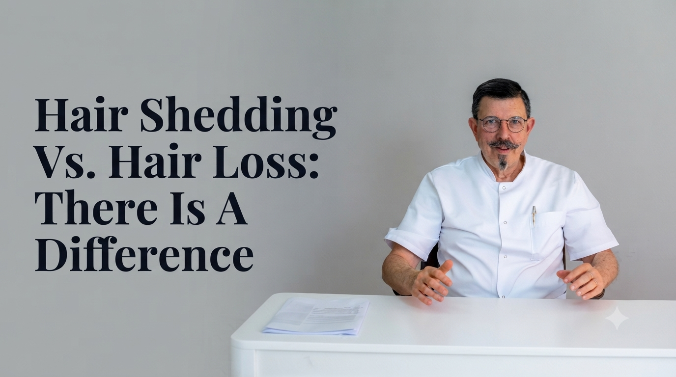 Hair shedding vs hair loss there is a difference blog title on a clean background