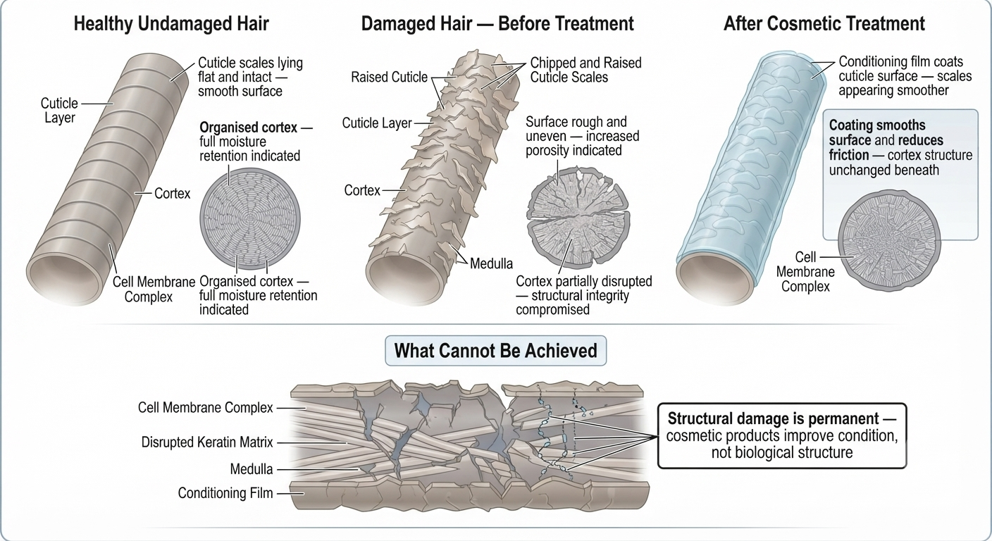 Diagram showing what cosmetic repair treatments actually do vs biological healing
