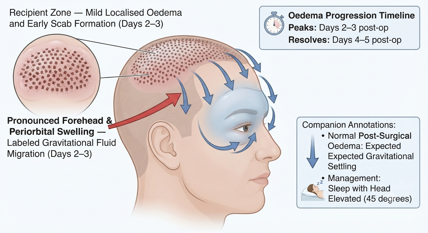 Diagram explaining post-operative swelling — mechanism and expected distribution