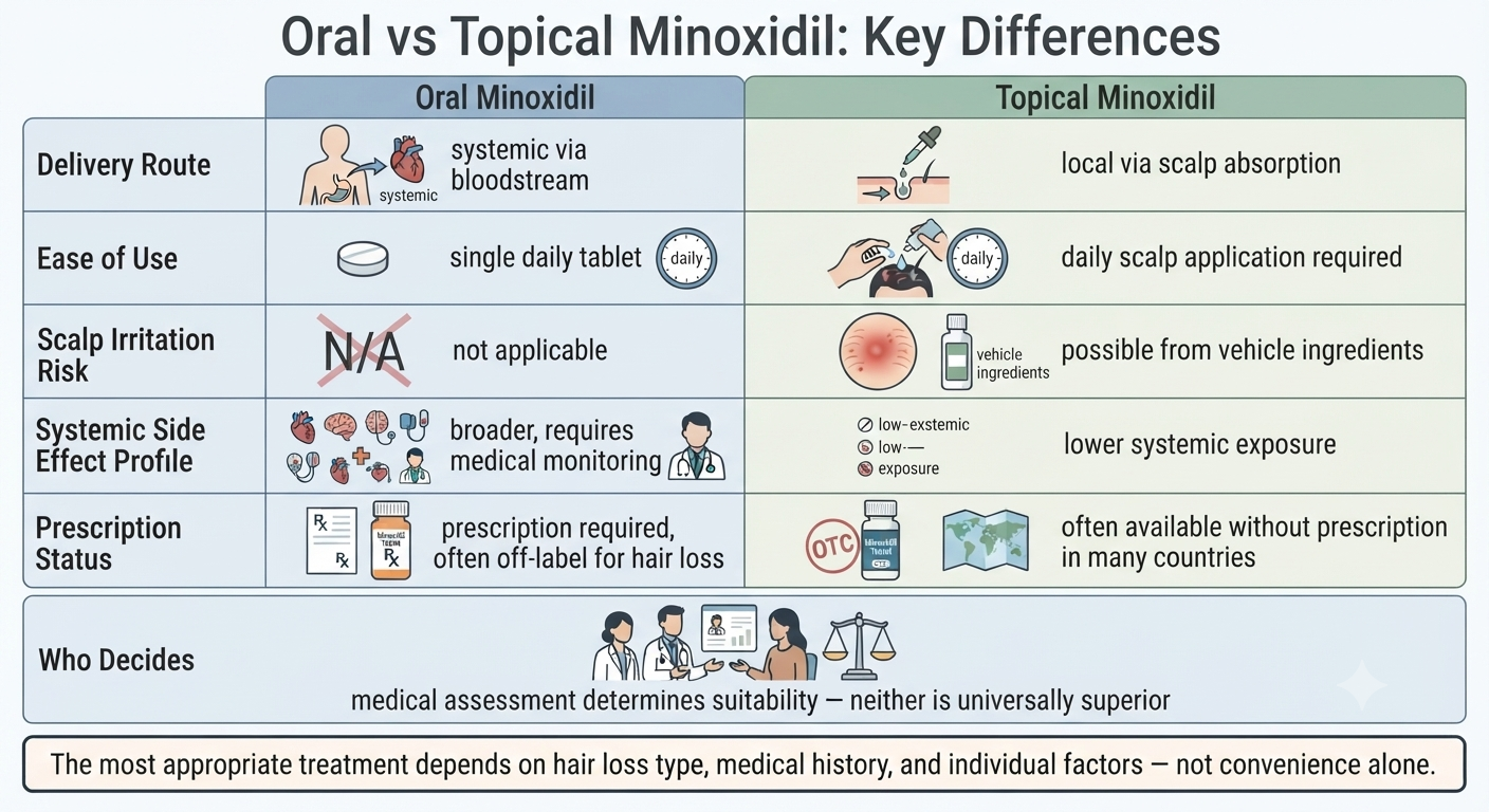 Summary comparison diagram of oral vs topical minoxidil across key clinical considerations