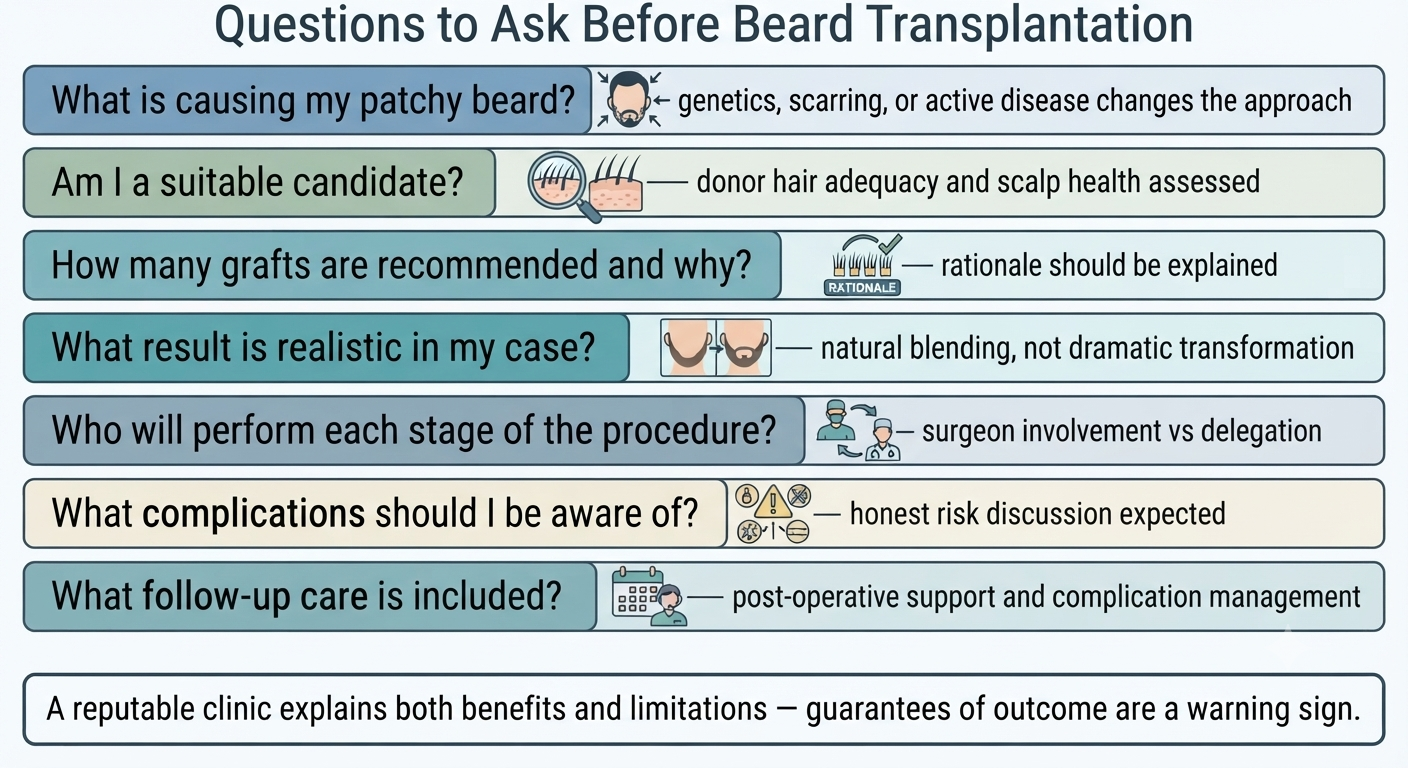 Summary checklist of key questions to ask before committing to beard transplantation