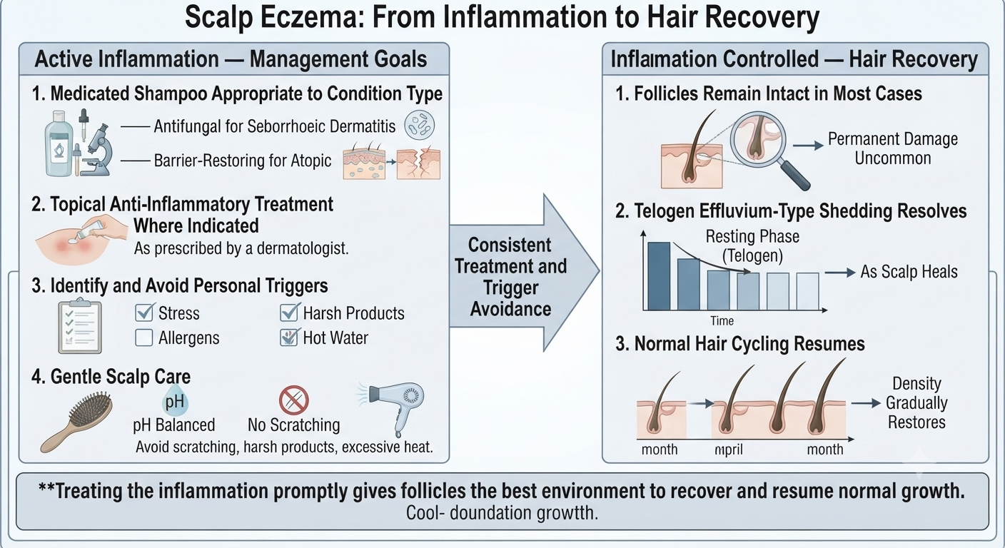 Summary diagram of scalp eczema management and hair recovery pathway